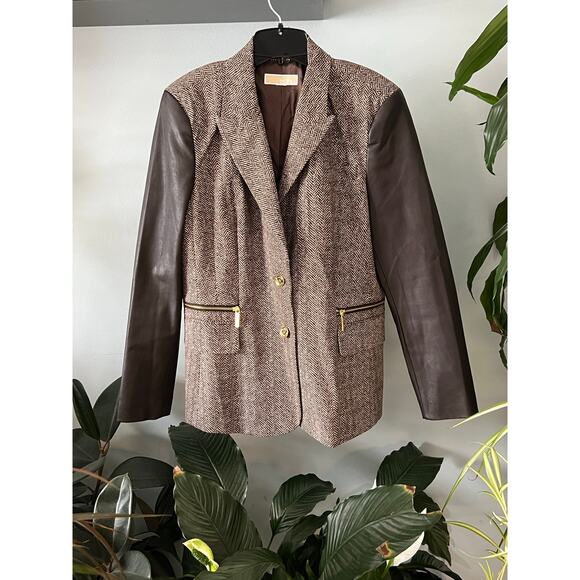 Michael Kors herringbone tweed jacket with faux leather sleeves, blazer - Picture 1 of 9